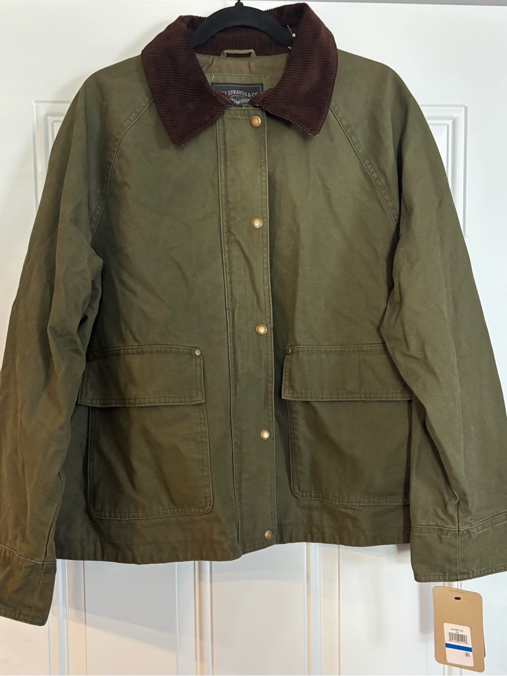 Olive Green Women's Field Jacket with Brown Corduroy Collar Size XL